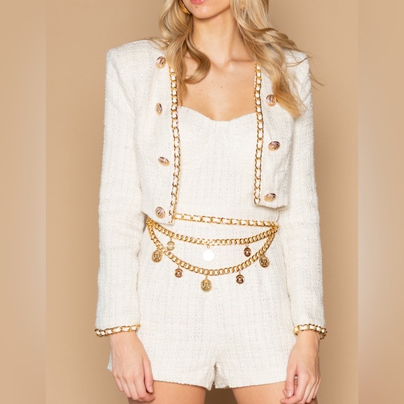 12. HIGH END - Genesis Tweed Fabric Romper Blazer Set in White - Picture 2 of 4